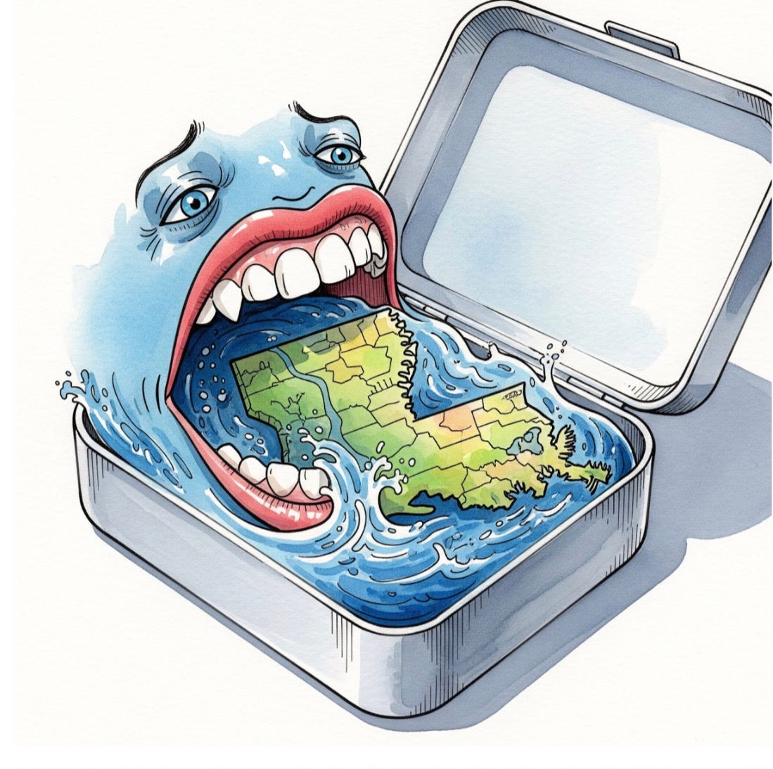 Cartoon image of Gulf ocean swallowing coastal Louisiana in a lunch box.