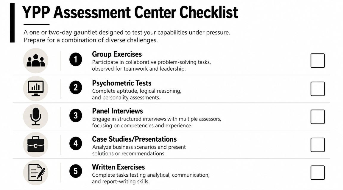 A YPP assessment center checklist infographic outlining five stages of professional evaluation for career development programs. A YPP assessment center checklist infographic outlining five stages of professional evaluation for career development programs.