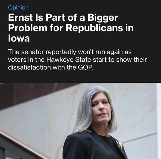 May be an image of 1 person and text that says 'Opinion Ernst Is Part of a Bigger Problem for Republicans in owa The senator reportedly won't run again as voters in the Hawkeye State start to show their dissatisfaction with the GOP. 2'