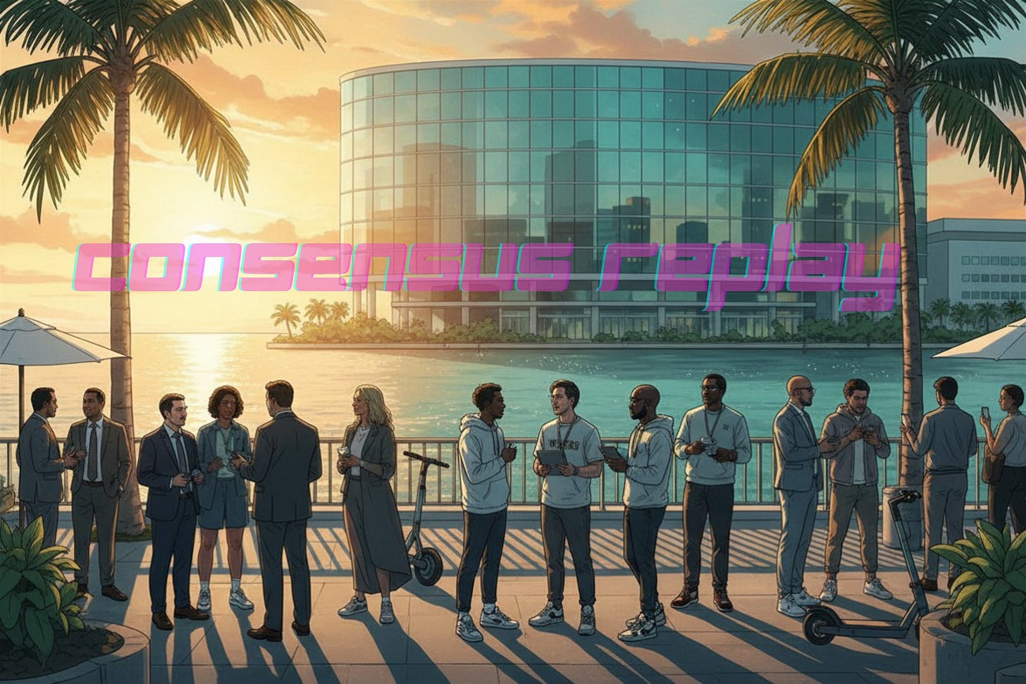 Illustrated scene of a diverse group of professionals and crypto-native attendees gathered on a waterfront promenade at golden hour, a curved glass convention center reflected in the water behind them, palm trees framing the scene, mixing formal business attire with casual streetwear, electric scooters visible in the foreground, warm amber and teal color palette. Illustrated scene of a diverse group of professionals and crypto-native attendees gathered on a waterfront promenade at golden hour, a curved glass convention center reflected in the water behind them, palm trees framing the scene, mixing formal business attire with casual streetwear, electric scooters visible in the foreground, warm amber and teal color palette.