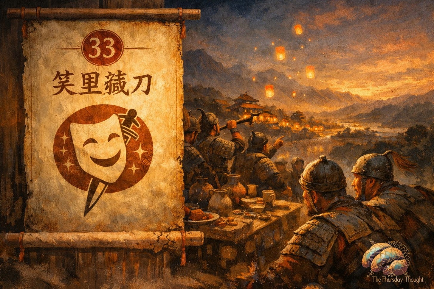 Painterly, warm twilight scene. On the left, an aged scroll marked “33” shows Chinese characters for “hide a dagger behind a smile”, above a stylised smiling mask with a dagger concealed behind it. On the right, armoured ancient soldiers sit and stand around a table, distracted by glowing lanterns drifting into the sky while a lit village and mountains stretch into the distance. The Thursday Thought logo watermark sits in the bottom right corner.