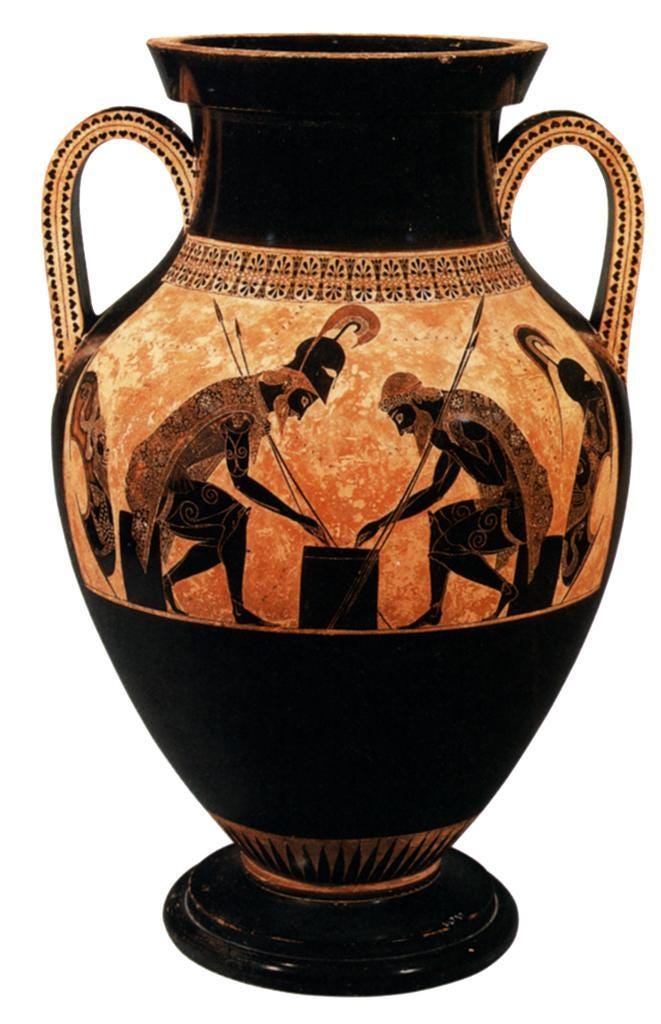 Ajax depicted with Achilles playing a game on an amphora. These are the two heroes from the Iliad, and it likely shows them at downtime during the war. On either side, you can also see their hoplite shields that would be used in battle.
