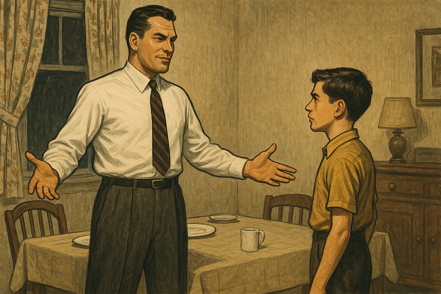 A stylized 1940s Yonkers dining room scene where a confident older man stands tall with open arms and a faint smirk, facing his younger self across the table. The painterly illustration, inspired by Edward Hopper and pulp noir art, captures tension and grit in warm, moody tones.