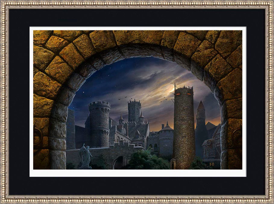 Conversation framed open edition print of DARKNESS OVER HAYHOLT with dark blue acid-free mat, archival plexiglass, and warm silver moulding.