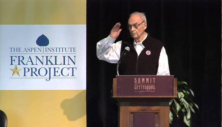 Left: More Perfect Co-Chair General McChrystal testifies in support of Governor Moore's Service Year option  | Right: Senator Harris Wofford at Summit at Gettysburg