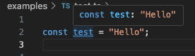 code example showing a type of test as the type literal "Hello" rather than a string