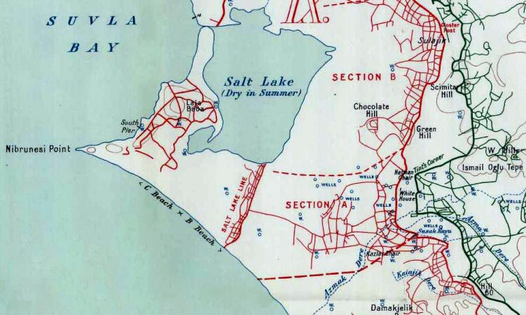 May be an image of map and text that says 'SUVLA BAY B Ιλιο Salt Lake (Dry in Summer) 빵 B South Pier SECTION Nibrunesi Point Scimita Hill Chocolate Hill Green Hill Beach 0 WELLS WELLE Tint's Corner o天 LINE LAKE Beach SALT ピニタ Ismail Ogly Tepe SECTIOND WELLS P ত WELLS Sunak SuaekR น Kainji Daimakjelik' May be an image of map and text that says 'SUVLA BAY B Ιλιο Salt Lake (Dry in Summer) 빵 B South Pier SECTION Nibrunesi Point Scimita Hill Chocolate Hill Green Hill Beach 0 WELLS WELLE Tint's Corner o天 LINE LAKE Beach SALT ピニタ Ismail Ogly Tepe SECTIOND WELLS P ত WELLS Sunak SuaekR น Kainji Daimakjelik'