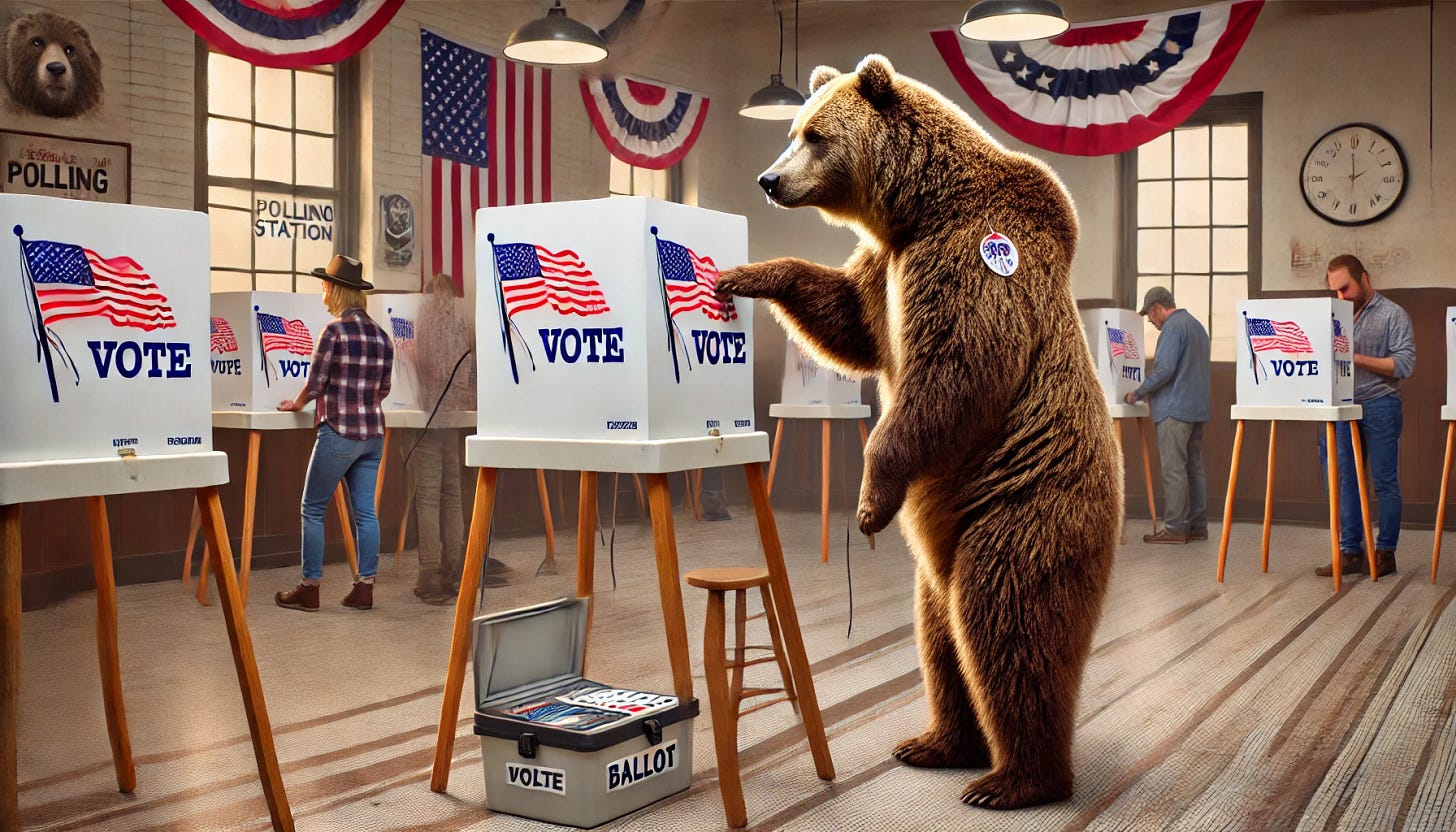 A humorous and imaginative scene of a Grizzly bear voting in a polling station. The Grizzly bear, standing on its hind legs, is shown interacting with a voting machine or ballot box in a realistic but playful setting. The polling station is decorated with patriotic elements such as flags and banners, and other voters, both human and animal, can be seen in the background. The bear appears focused, with one paw on the voting machine, highlighting the surreal and whimsical nature of the scene. The atmosphere is light-hearted and engaging.