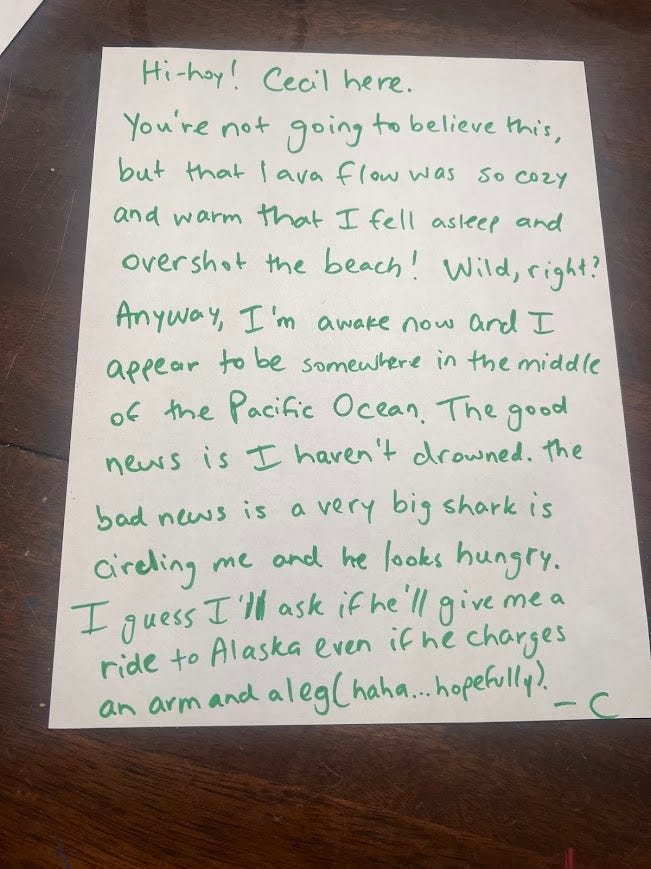 Handwritten note. Full text in main body of story.