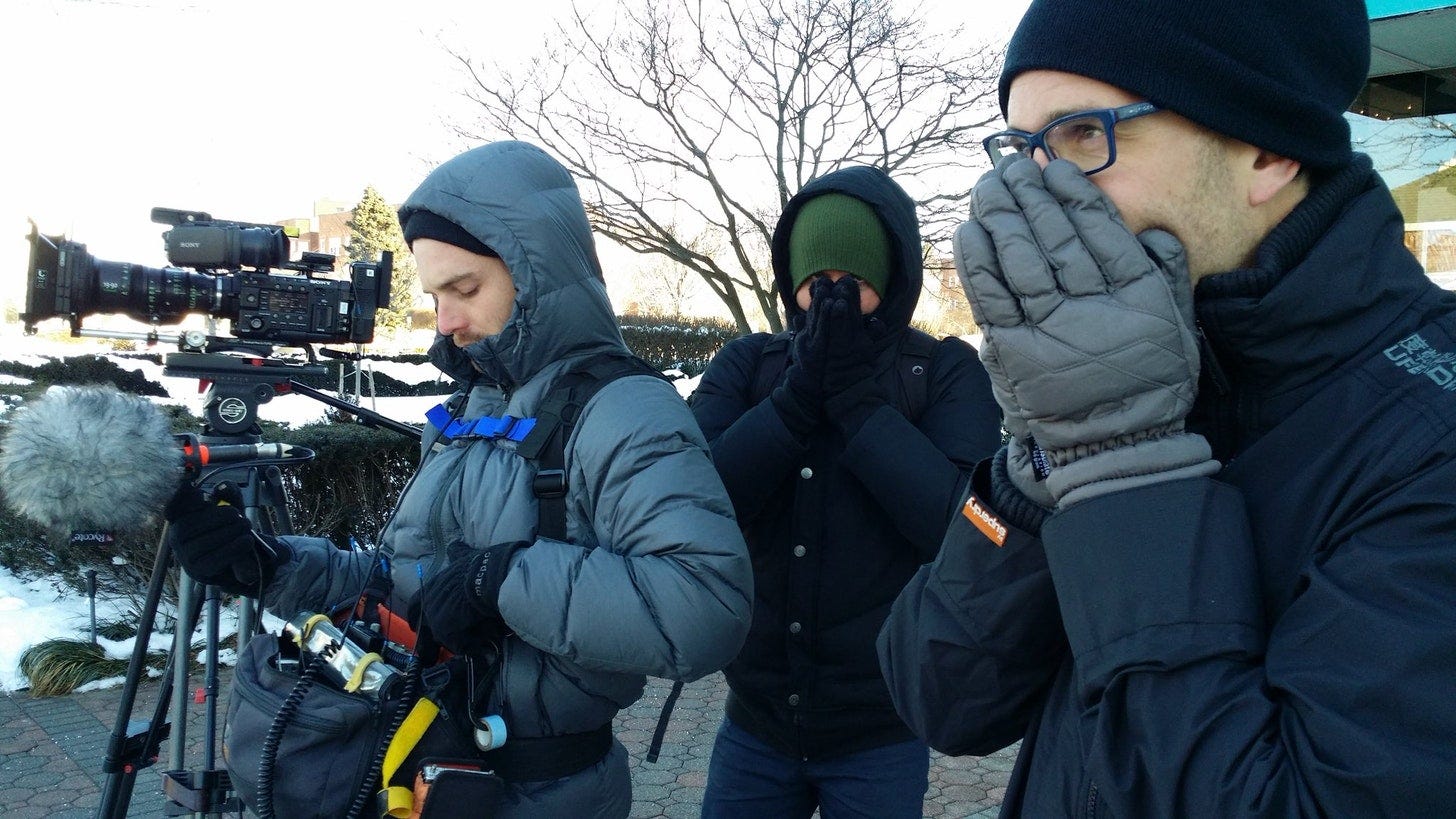Me try and stay warm while filming in very cold NY conditions during Tickled