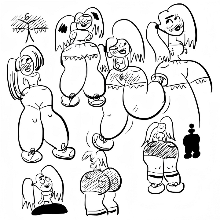 Four pages of black-and-white concept art by George Mager show early character designs for World Naked Bike Tour, including nude cyclists of varied body types, helmeted riders, expressive poses, and the film's angry protester.