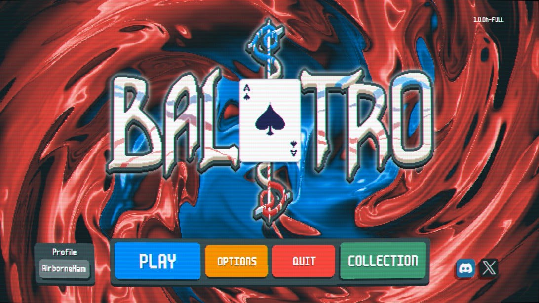 The home menu of Balatro with a swirling red and blue vortex behind the title. The middle "A" of the name is replaced with an Ace of Spades.