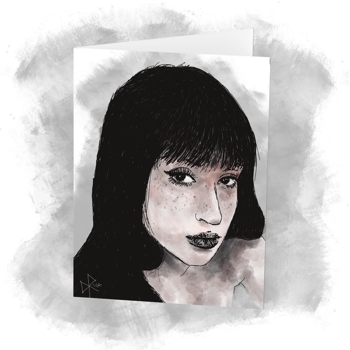 Portrait of a freckled young woman with long dark straight hair. Sketch art by Don Rice. Portrait of a freckled young woman with long dark straight hair. Sketch art by Don Rice.