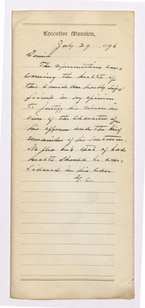 President Grover Cleveland denies a pardon for William Swann