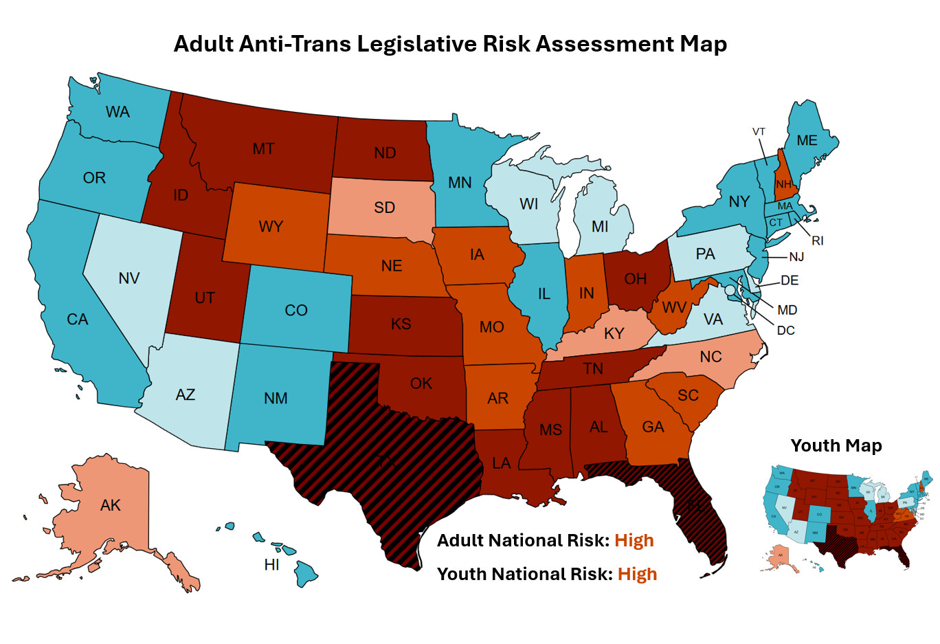 A map of the United States with different states colored by their risk to Trans people and their families as a result of anti-trans legislation. Adult and youth national risk is noted as high. Texas and Florida are noted as "Do not travel".