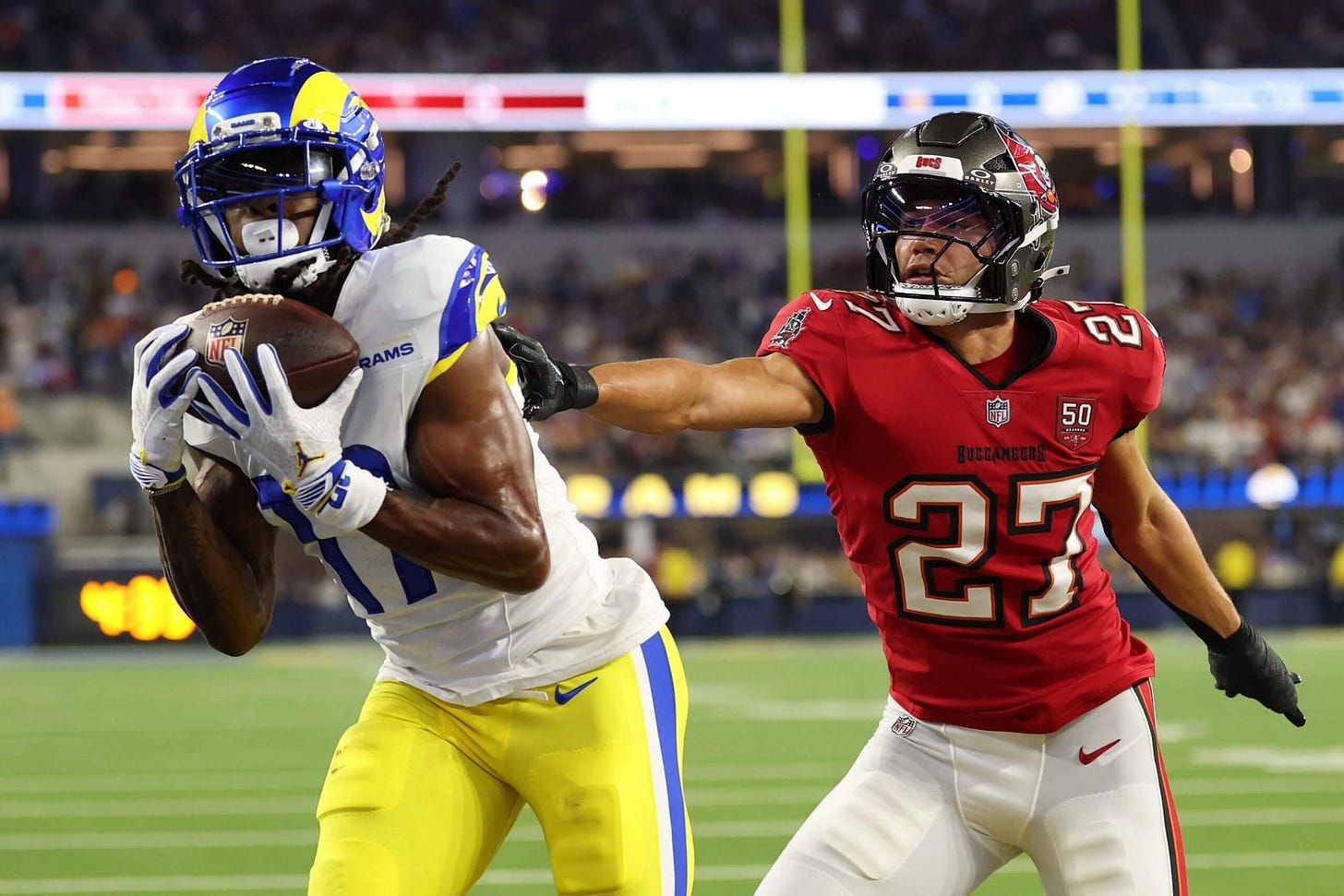 Rams-Buccaneers takeaways: Matthew Stafford throws 3 TD passes, Baker  Mayfield injured - The Athletic