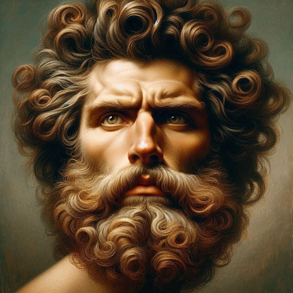 a head shot of a man whose hairstyle and beard resembles a lion's mane in the style of rousseau