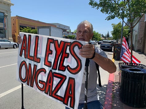 Photos of a small group of citizens holding signs on a small town streetcorner protesting the ongoing genocide in Gaza and Palestine.