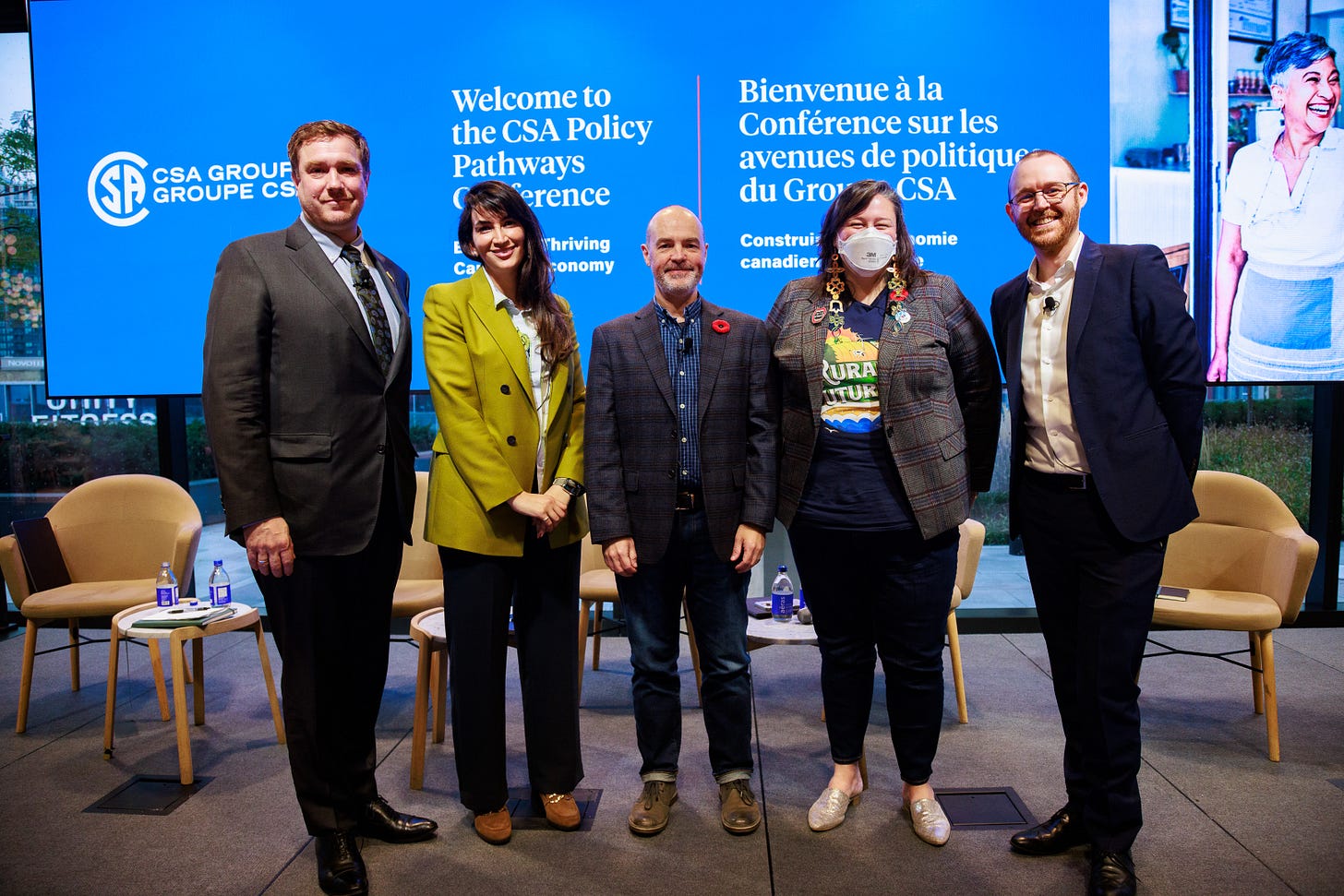 An image taken at the CSA Policy Pathways Conference. From left to right: Dan Skudra, Partner at Mokwateh, Marwa Abdou, Senior Research Director at the Business Data Lab at the Canadian Chamber of Commerce, Dan Munro,  Director of Research & Innovation at Actua and Co-Director of Shift Insights, Ashleigh Weeden, an award-winning rural futurist, and me.