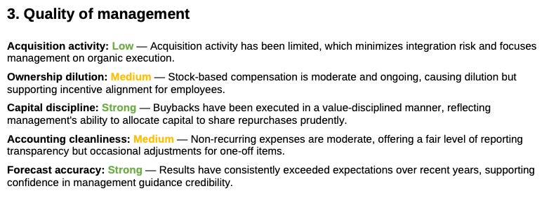 Summary of Apple’s management quality across capital allocation, execution, acquisitions, transparency and financial discipline. Summary of Apple’s management quality across capital allocation, execution, acquisitions, transparency and financial discipline.
