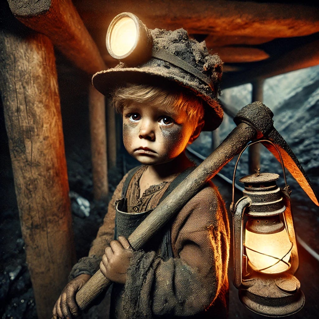 A young child working in a dark, historical coal mine, wearing tattered clothes and a protective hardhat with a small lantern attached. The child is covered in soot, carrying a heavy pickaxe over one shoulder, and looks deeply sad and weary, with expressive eyes reflecting exhaustion and despair. The scene takes place in a dimly lit underground tunnel, supported by wooden beams, with coal dust and debris scattered around. The warm lantern light from the hardhat casts dramatic shadows, emphasizing the grim and harsh working conditions of the 19th-century mine. A young child working in a dark, historical coal mine, wearing tattered clothes and a protective hardhat with a small lantern attached. The child is covered in soot, carrying a heavy pickaxe over one shoulder, and looks deeply sad and weary, with expressive eyes reflecting exhaustion and despair. The scene takes place in a dimly lit underground tunnel, supported by wooden beams, with coal dust and debris scattered around. The warm lantern light from the hardhat casts dramatic shadows, emphasizing the grim and harsh working conditions of the 19th-century mine.