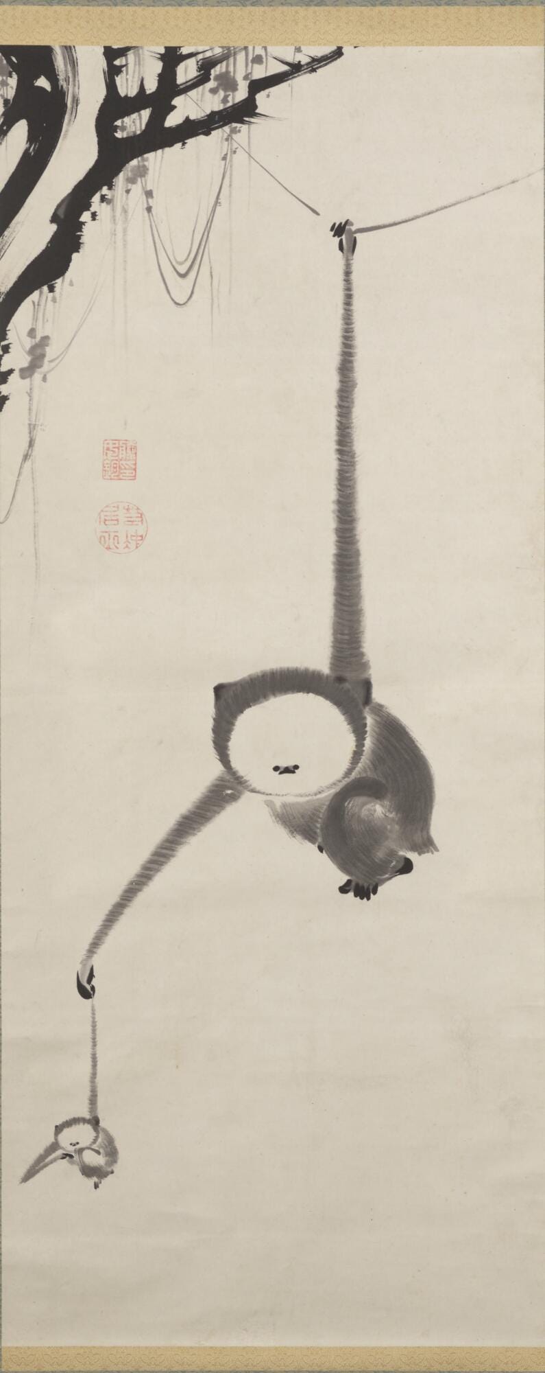 Two gibbons hanging from a tendril in black ink, the mother holding her baby by the arm, both stretching toward the water below Two gibbons hanging from a tendril in black ink, the mother holding her baby by the arm, both stretching toward the water below