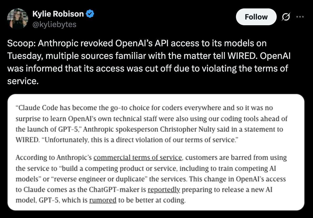Anthropic cut off OpenAI’s API access to Claude models after discovering OpenAI’s technical staff was heavily using Claude Code ahead of launching their upcoming GPT-5 model.