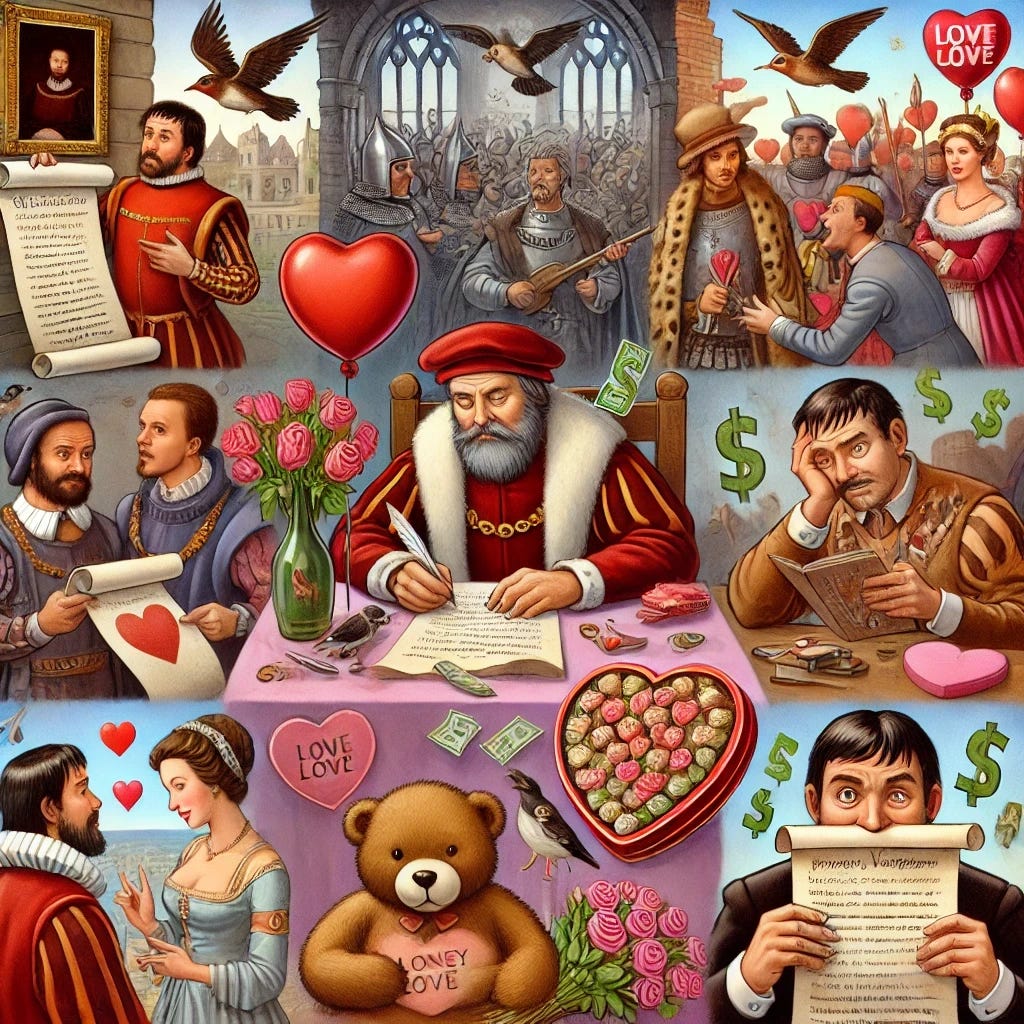 A humorous medieval scene depicting Geoffrey Chaucer writing a poem about birds choosing their mates on February 14, surrounded by confused knights and noblewomen holding love notes. The characters have more realistic and expressive facial features, with detailed period-accurate medieval clothing and lively facial expressions conveying amusement and curiosity.