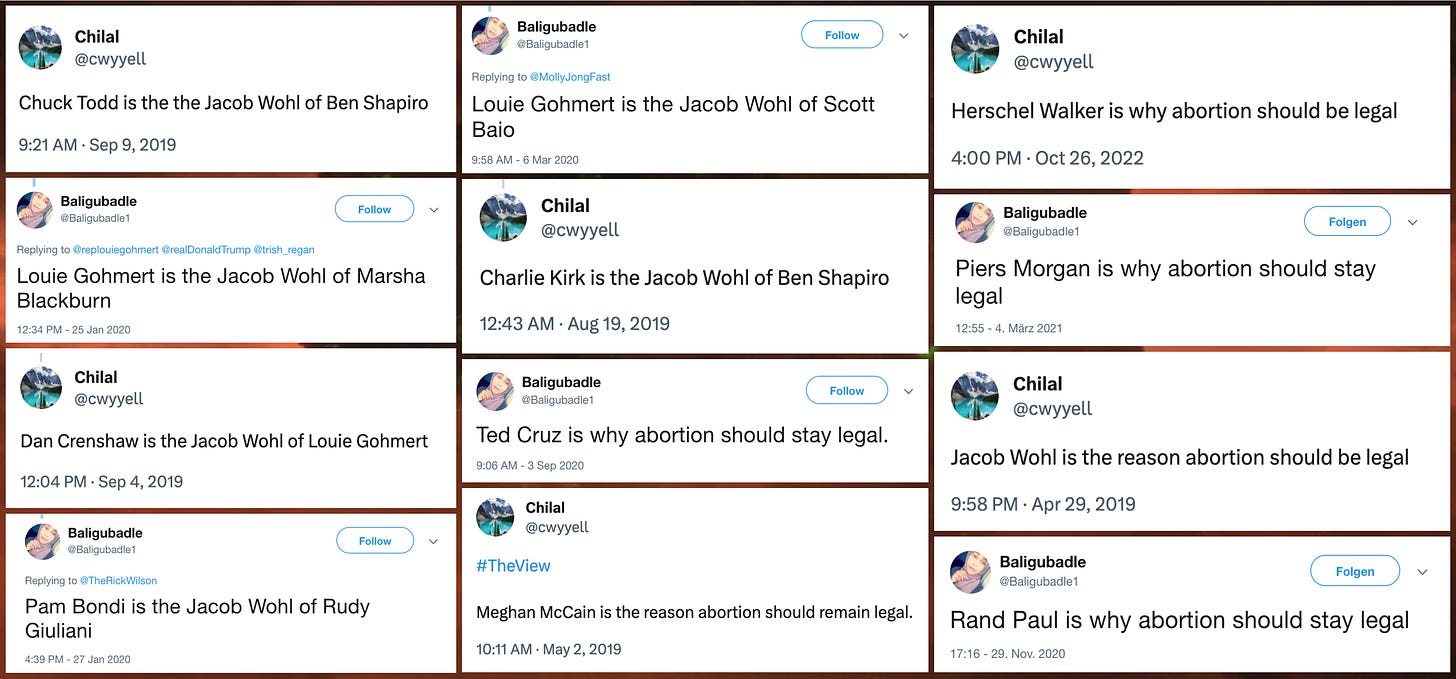 collage of similarly-phrased tweets from @baligubadle1 and @cwyyell