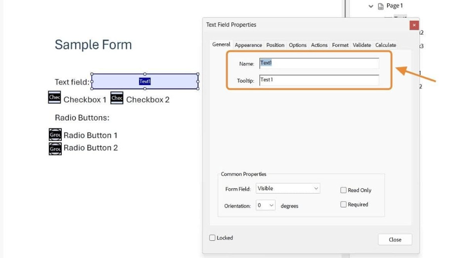 Screenshot of the Text Field Properties dialog box in Adobe Acrobat Pro. The “Name” and “Tooltip” fields are shown under the General tab, both outlined with an orange box and arrow.