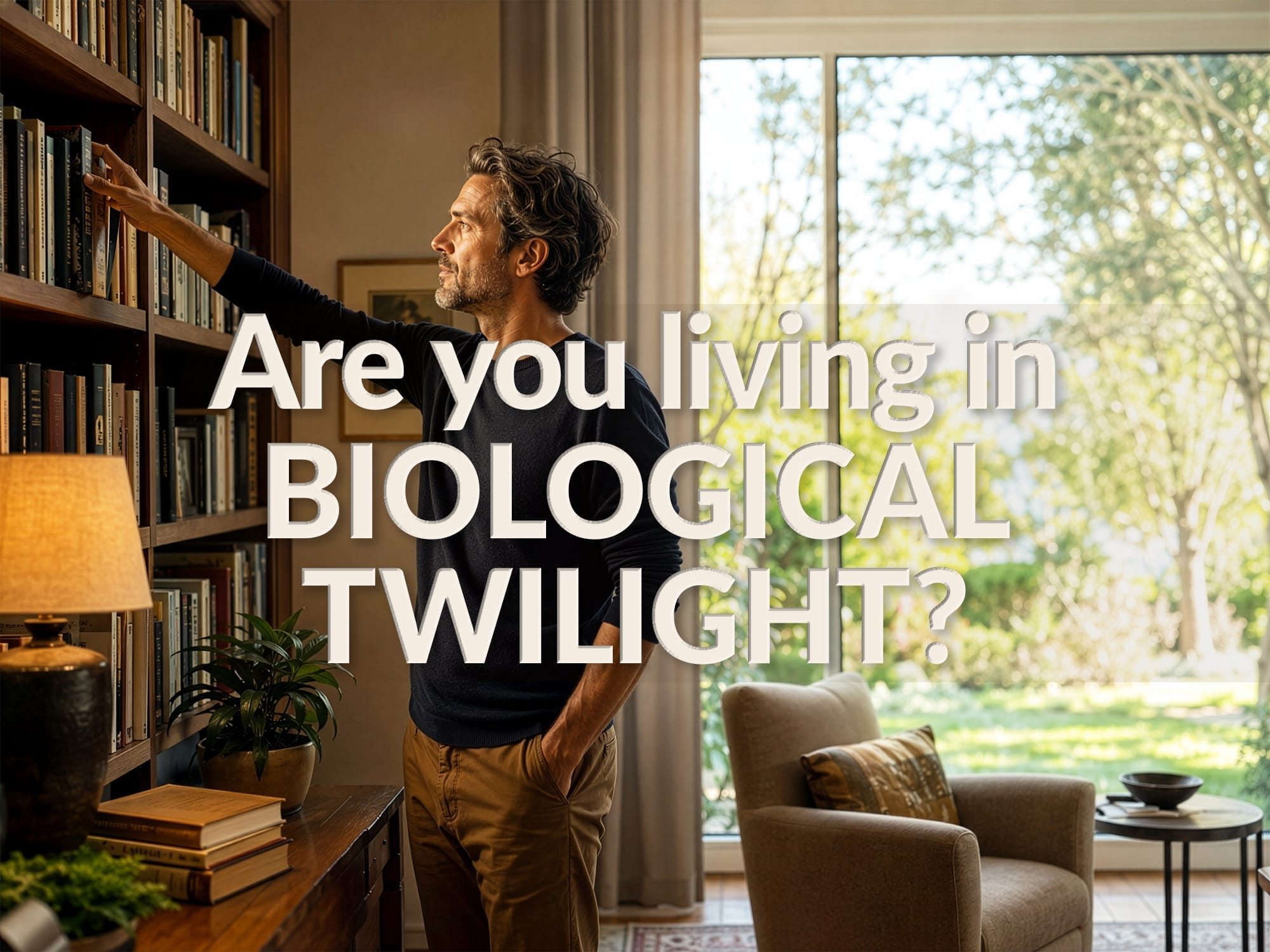 A man reaches for a book on a bookshelf in his living room. Beyond the French windows is a brightly lit garden. 