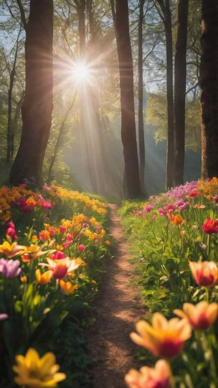 This may contain: the sun shines brightly through the trees and flowers on this path that leads to a forest