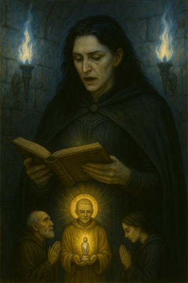 Clarion, a tall, statuesque woman with pale skin, angular features, and long black wavy hair, stands in a ruined chapel. She wears dark velvet robes embroidered with silver thread. In her hands, she holds Brother Marek's prayer book, its pages aged and worn. Her lips are parted as she reads aloud, her expression solemn and resolute. Silver radiance from torch sconces mounted on the stone walls bathes her in light, casting shimmering highlights across her face and robes. The background includes cracked stone, faded murals, and drifting dust motes illuminated by the torchlight. The atmosphere is reverent, mystical, and emotionally charged. Clarion, a tall, statuesque woman with pale skin, angular features, and long black wavy hair, stands in a ruined chapel. She wears dark velvet robes embroidered with silver thread. In her hands, she holds Brother Marek's prayer book, its pages aged and worn. Her lips are parted as she reads aloud, her expression solemn and resolute. Silver radiance from torch sconces mounted on the stone walls bathes her in light, casting shimmering highlights across her face and robes. The background includes cracked stone, faded murals, and drifting dust motes illuminated by the torchlight. The atmosphere is reverent, mystical, and emotionally charged.