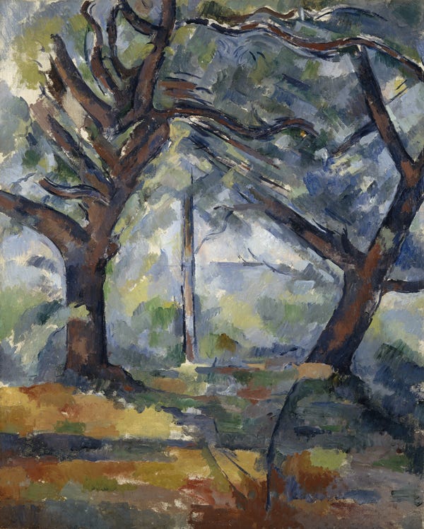 The Big Trees by Paul Cezanne, an impressionist painting with rough brush strokes of a few trees and blue and green foliage and sky.