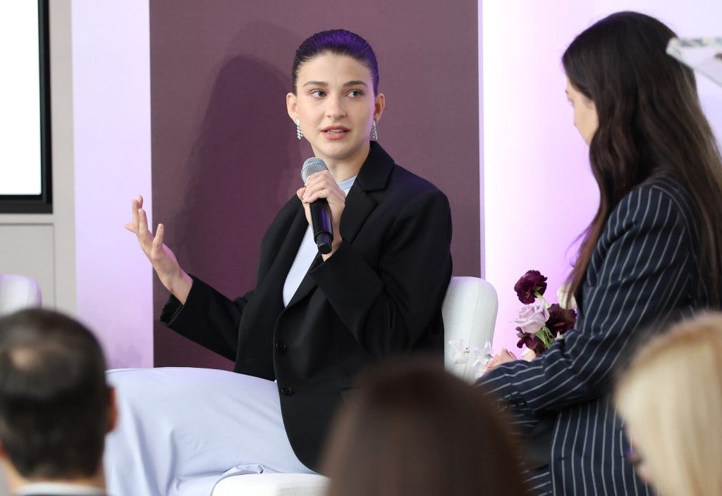 Phoebe Gates speaks onstage at "The Female Force" event.