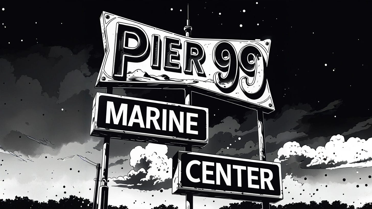 An ominous image of science with a brooding twilight sky behind it. The sign says: Pier 99 Marine Center