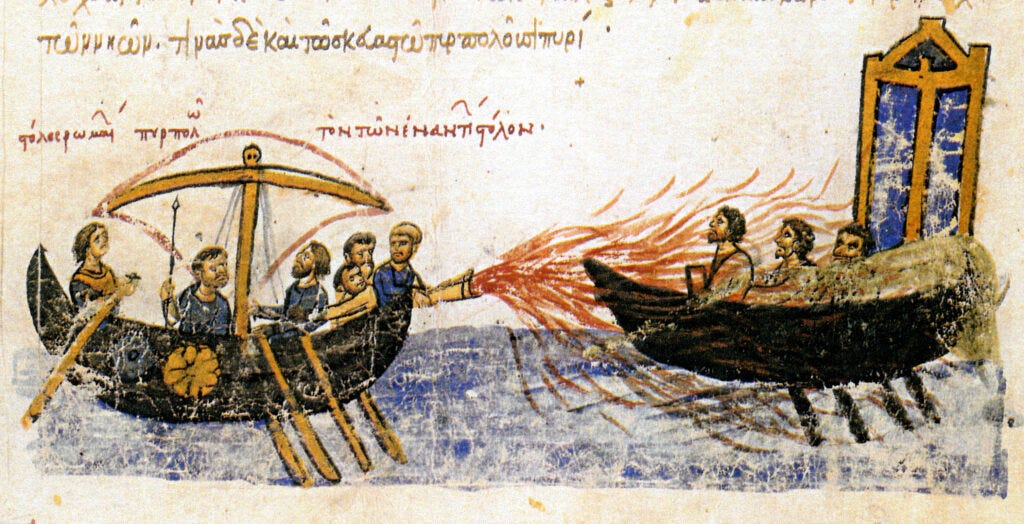A 12th-century Byzantine manuscript illustration depicting Greek fire being used in naval warfare