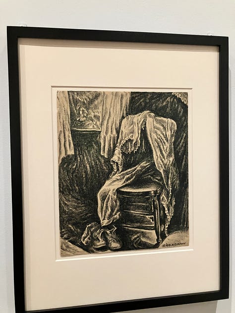 Three drawings showing a dress draped over a chair, a cramped bathroom, and rolling hills