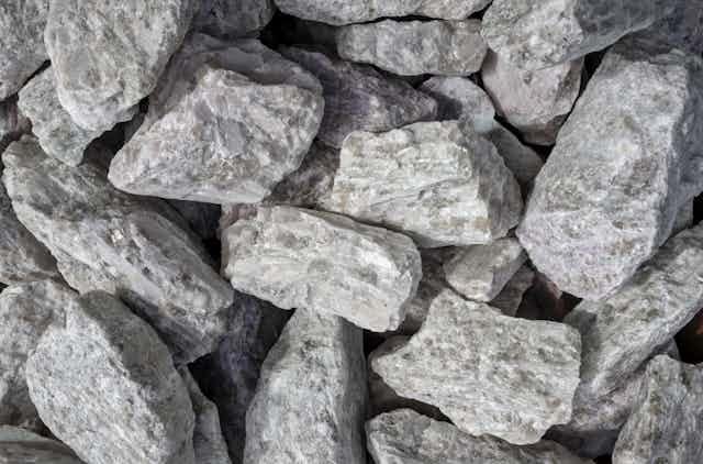 Hard rock spodumene ore, commercially important source of lithium. Hard rock spodumene ore, commercially important source of lithium.