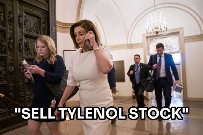 Nancy Pelosi walking in a grand hallway with ornate chandeliers and carved wooden doors. She is holding a phone to her ear, wearing a white outfit. A young woman with blonde hair, dressed in a dark jacket, walks beside her, looking at a phone. Two men in suits follow behind, one carrying a bag. Text overlay reads "I SELL TYLENOL STOCK".