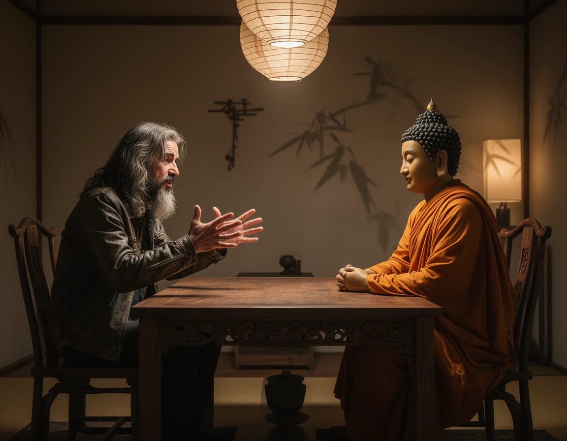 Charlie Manson of the Manson Family having a spirited roundtable debate with the Buddha
