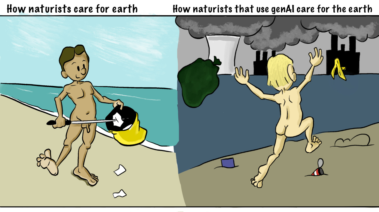 A two-panel comic contrasting a naturist cleaning a beach with a polluted industrial landscape representing generative AI’s environmental impact.