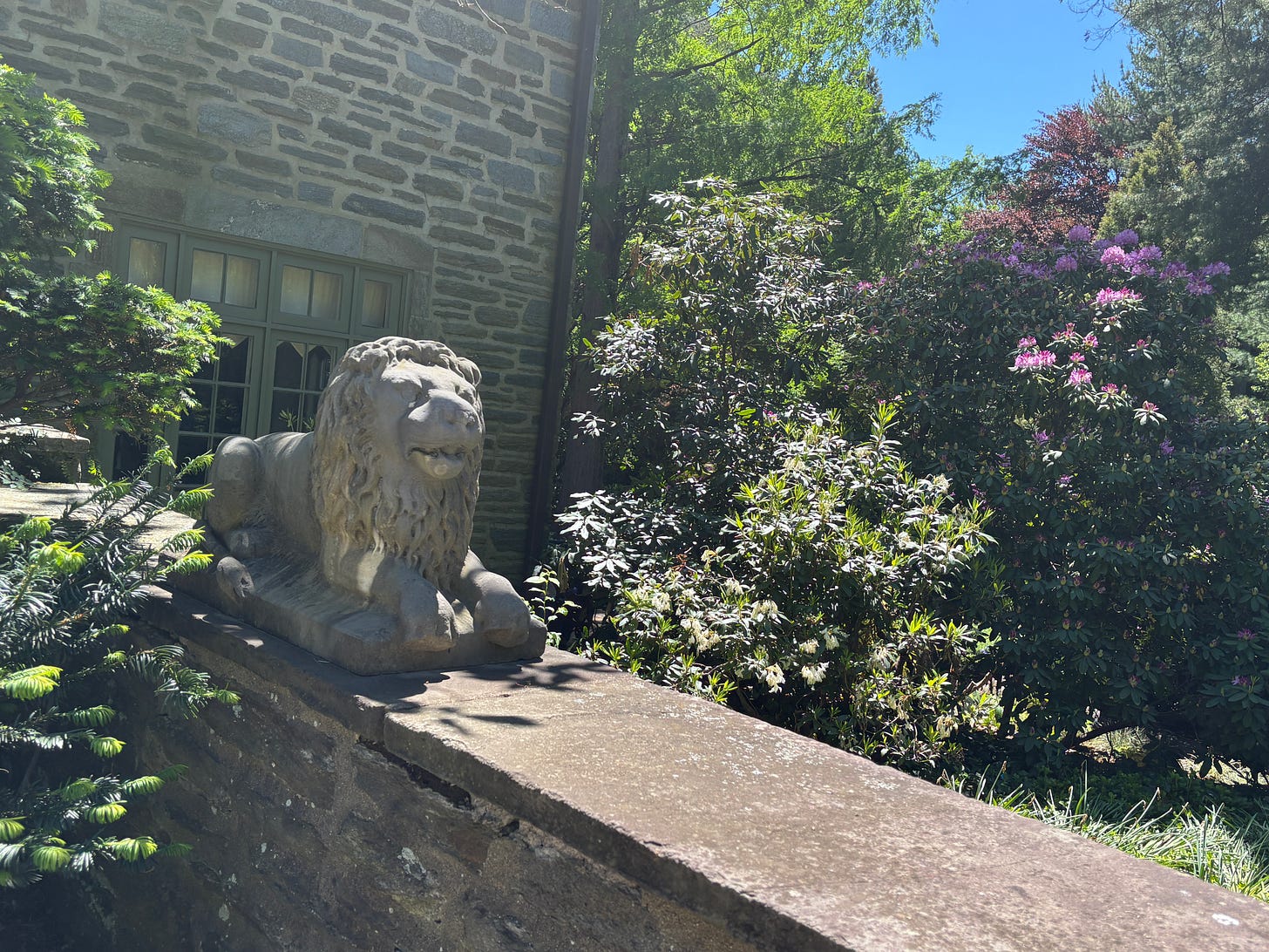 stone lion on a garden wall