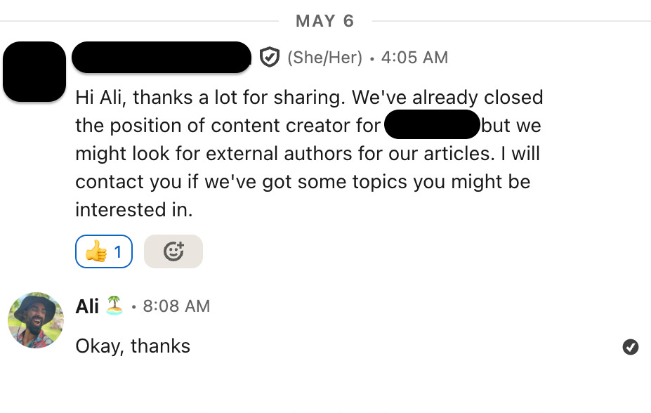 Screenshot of a LinkedIn message exchange.