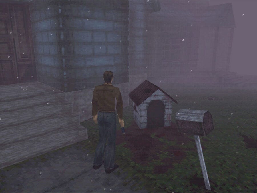 Harry Mason e casa de cachorro em Silent Hill.