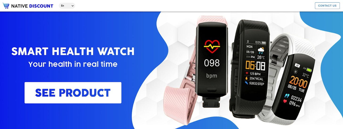 A screenshot from Native Discount's website advertising a Smart Health Watch. You know, a health watch? Just a normal health watch.
