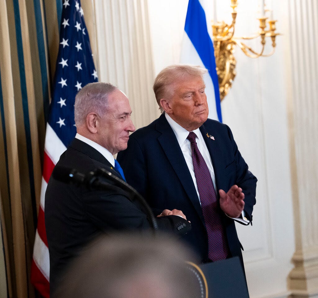 Donald Trump and Benjamin Netanyahu in suits. 
