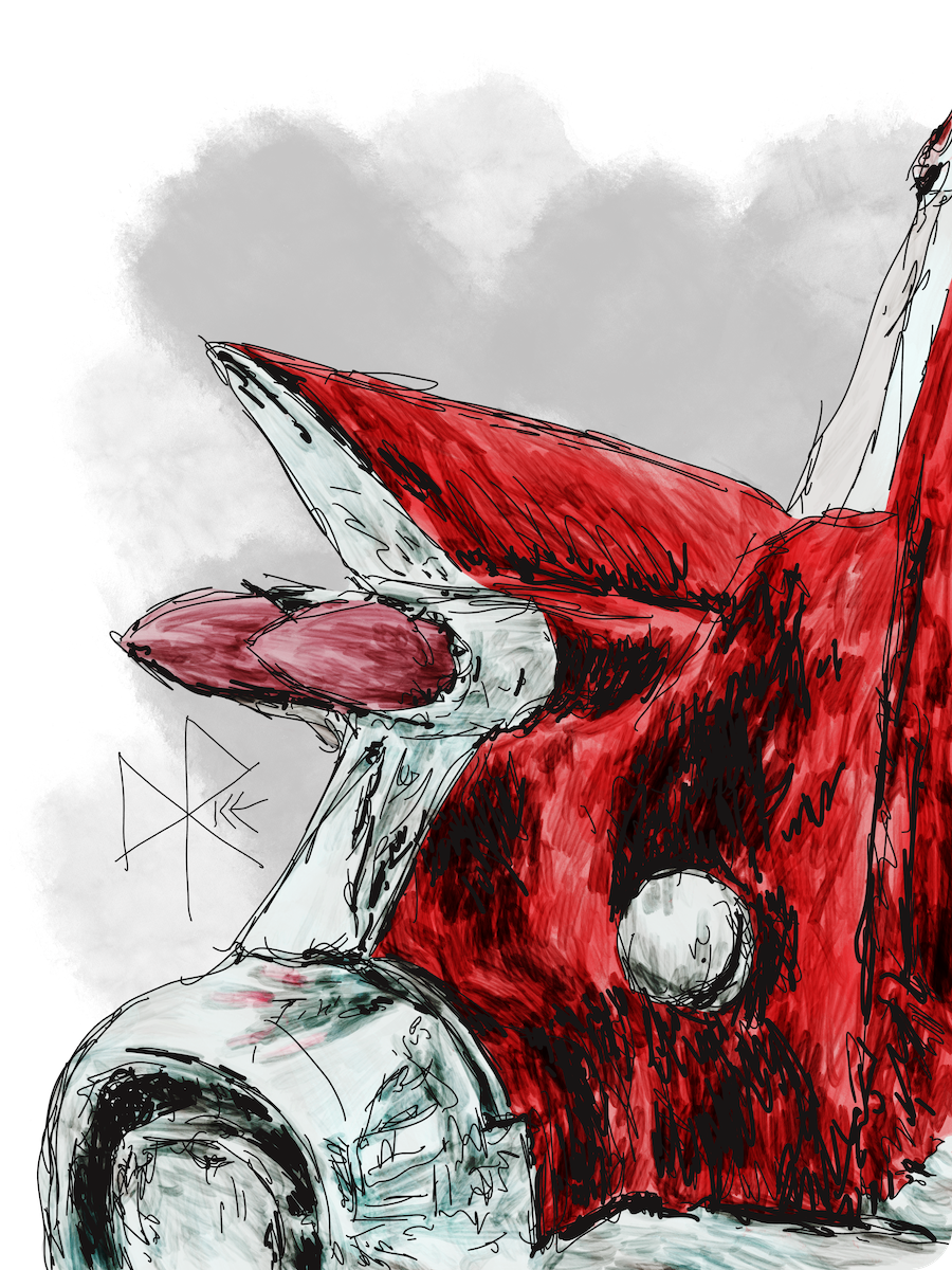 Close-up of tail lights and chromed trim of a red 1959 Cadillac station wagon. Sketch art by Don Rice.