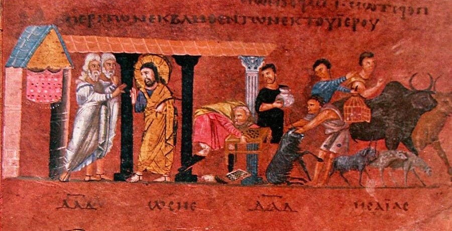 The cleansing of the temple, from the Rossano Gospels, 6th century. The verses cited below are Psalm 69:9, Hosea 9:15, Psalm 8:6–7, and Isaiah 56:7–8