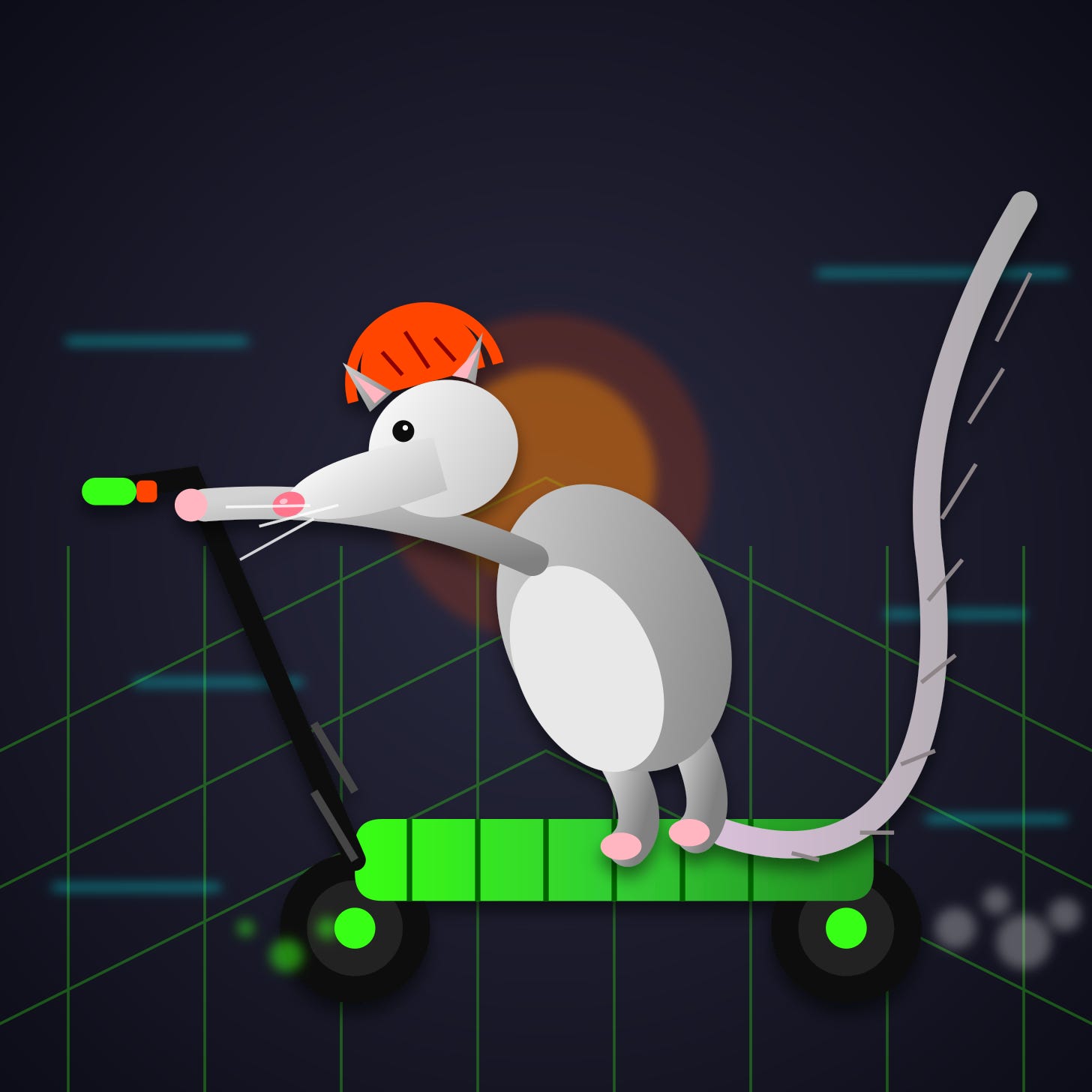 Weird background gridlines, scooter is green and not very scooter like, possum is wearing a red safety helmet and has a hairy tail but is hardly recognizable as a possum. It's just bad.